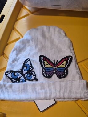 Lauren moshi White Beanie Hat with Colorful Butterfly Patches